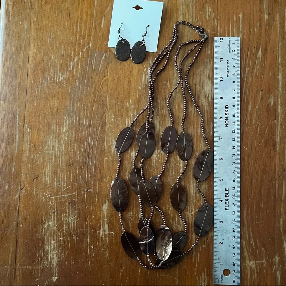 Philippines Multi-Strand Brown Statement Necklace & Earring Set Oval Disc